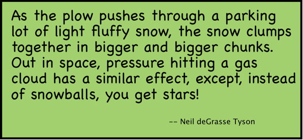 As the plow pushes through a parking lot of light fluffy snow, the snow clumps together in bigger and bigger chunks. Out in space, pressure hitting a gas cloud has a similar effect, except, instead of snowballs, you get stars!.