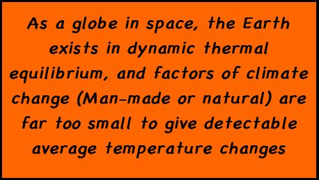 As a globe in space, the Earth exists in dynamic thermal equilibrium, and factors of climate change (Man-made or natural) are far too small to give detectable average temperature changes.