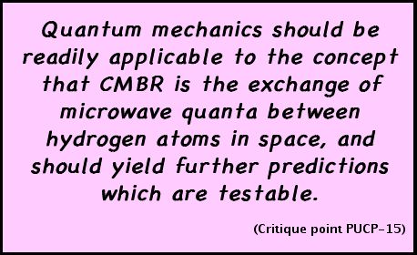 Quantum mechanics should be readily applicable to the concept that CMBR is the exchange of microwave quanta between hydrogen atoms in space, and should yield further predictions which are testable. (Critique point PUCP-15))