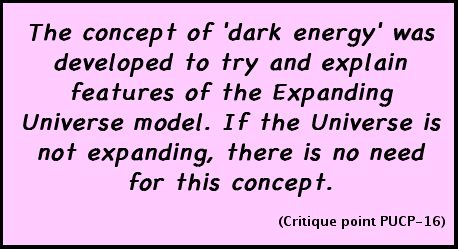 The concept of 'dark energy' was developed to try and explain features of the Expanding Universe model. If the Universe is not expanding, there is no need for this concept. (Critique point PUCP-16)