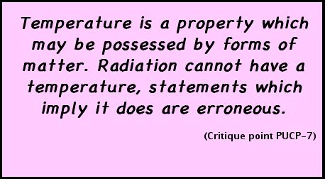 Temperature is a property which may be possessed by forms of matter. Radiation cannot have a temperature, statements which imply it does are erroneous. (Critique point PUCP-7)