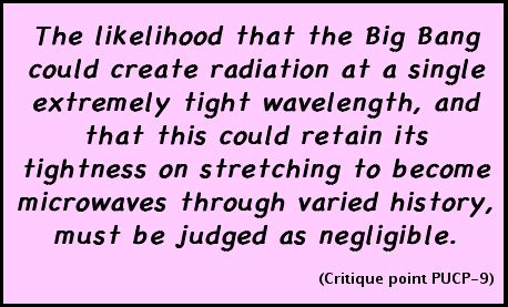 The likelihood that the Big Bang could create radiation at a single extremely tight wavelength, and that this could retain its tightness on stretching to become microwaves through varied history, must be judged as negligible. (Critique point PUCP-9)