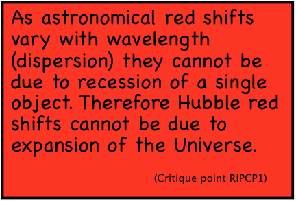 As astronomical red shifts vary with wavelength (dispersion) they cannot be due to recession of a single object. Therefore Hubble red shifts cannot be due to expansion of the Universe. (Critique point RIPCP1)