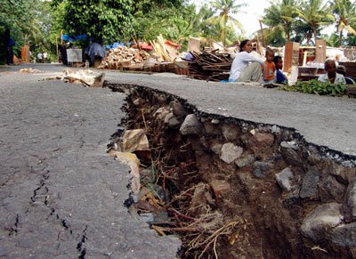 Earthquake rift at road